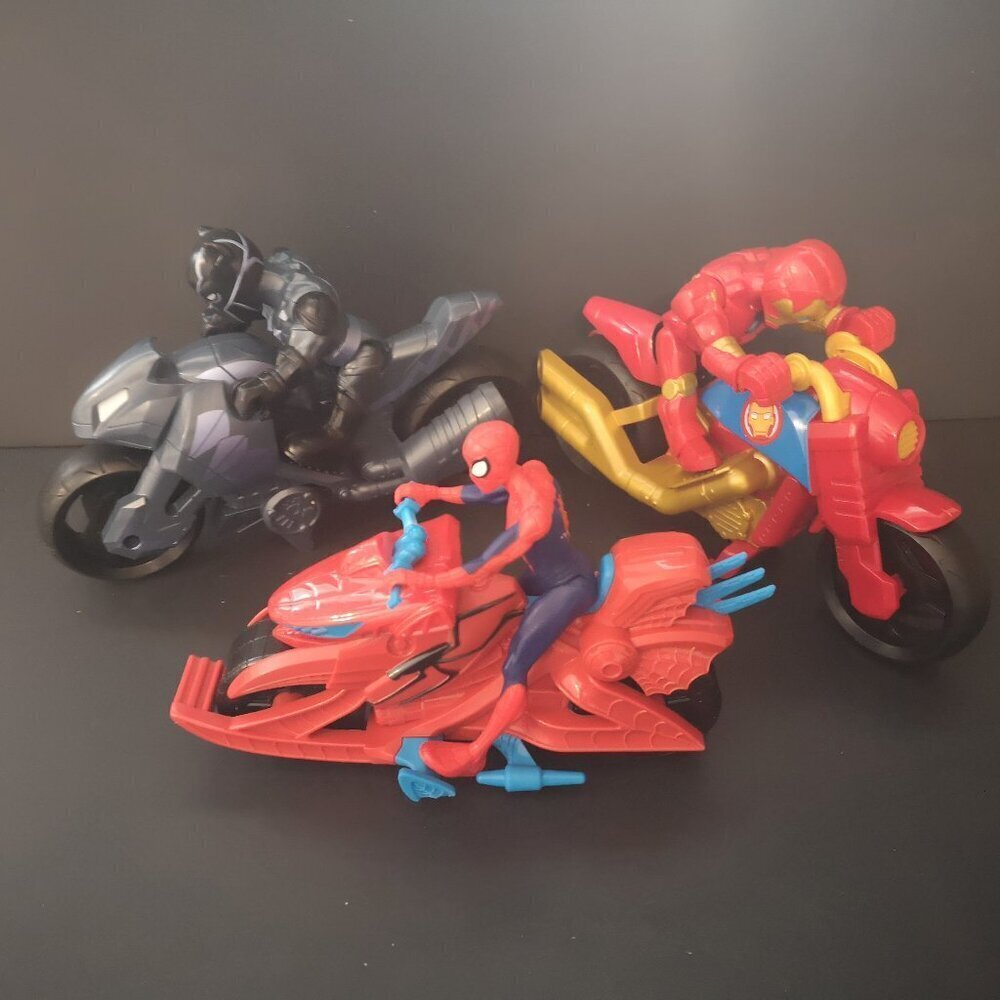 Lot of 3 Action Figures on their Vehicles - Black Panther, Spiderman, & Iron Man